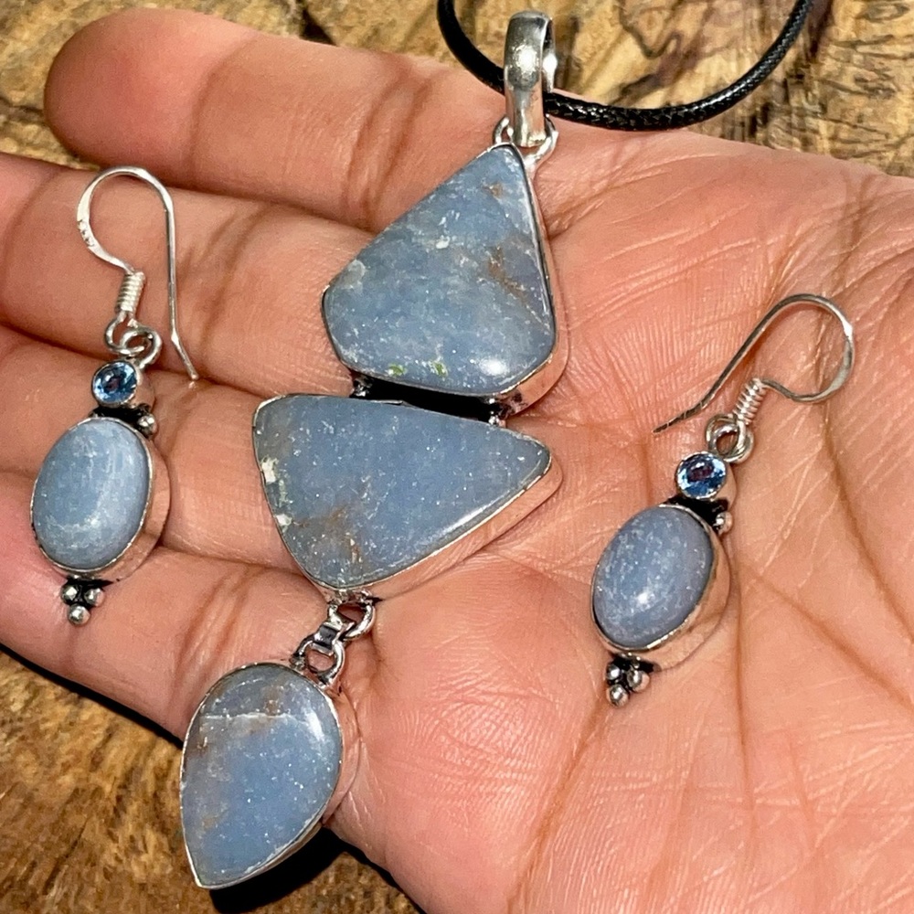 Blue Anhydrite Angelite Pendant & Earrings